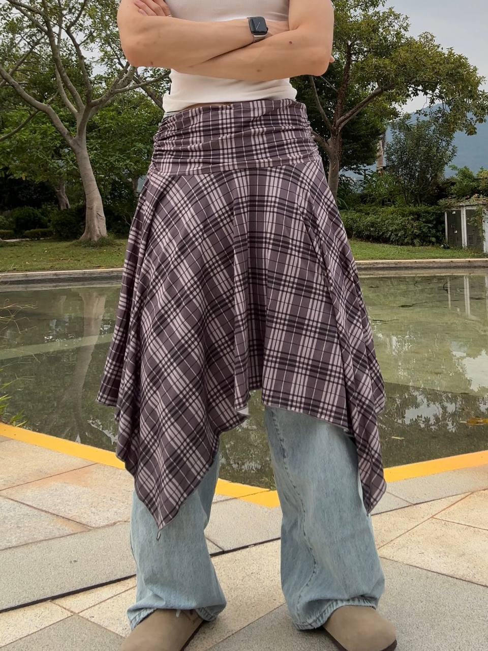 High Waist Checked Irregular Skirt